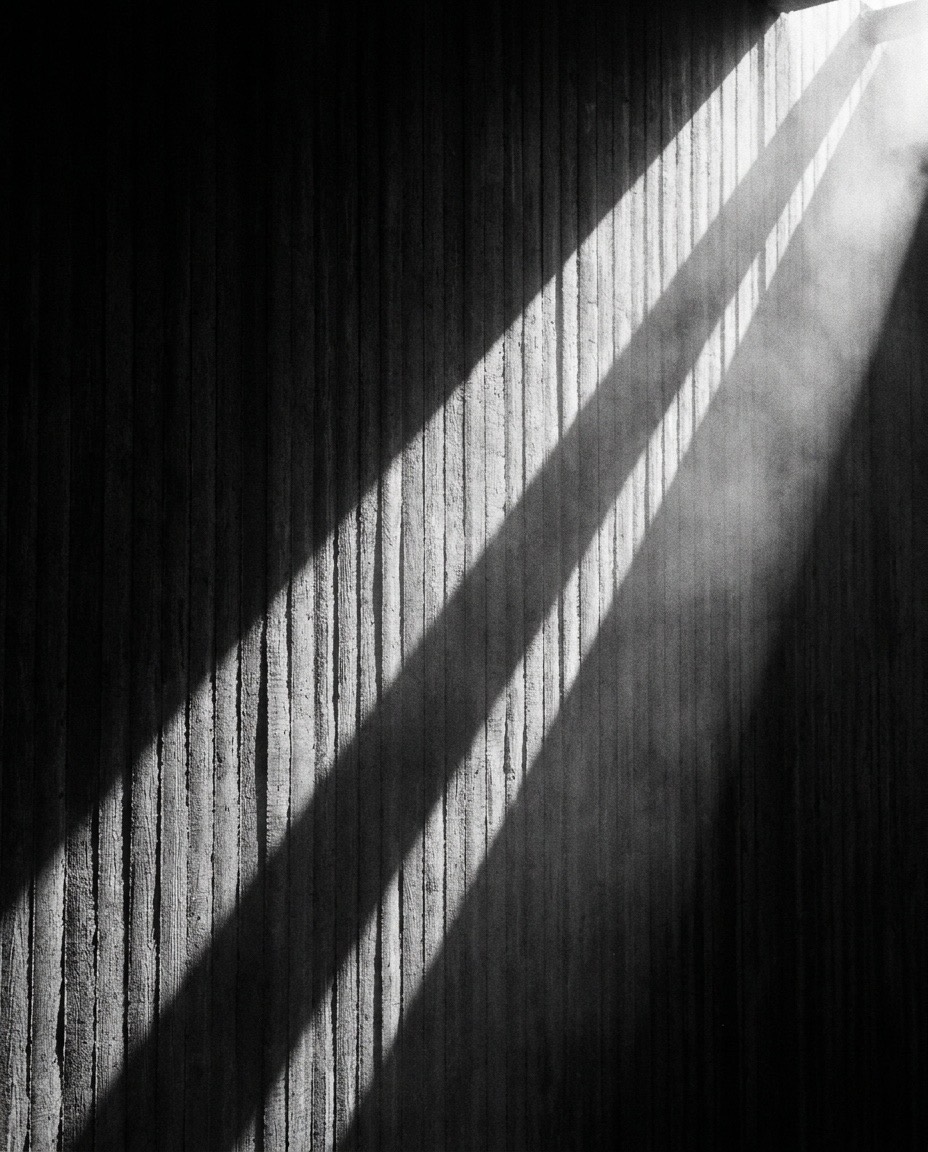 Monochrome study of light rays across a dark architectural surface